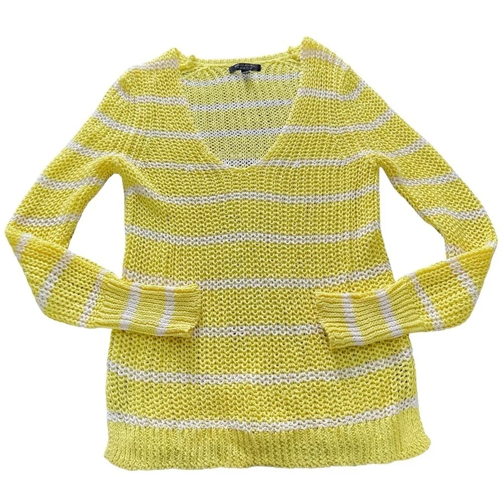 Banana Republic Yellow White Stripe Linen Sweater Women’s S V-Neck